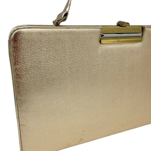 Vintage Metallic Gold Handbag Clutch Evening Bag Stiff Body Snap Closure Satin - Picture 2 of 12